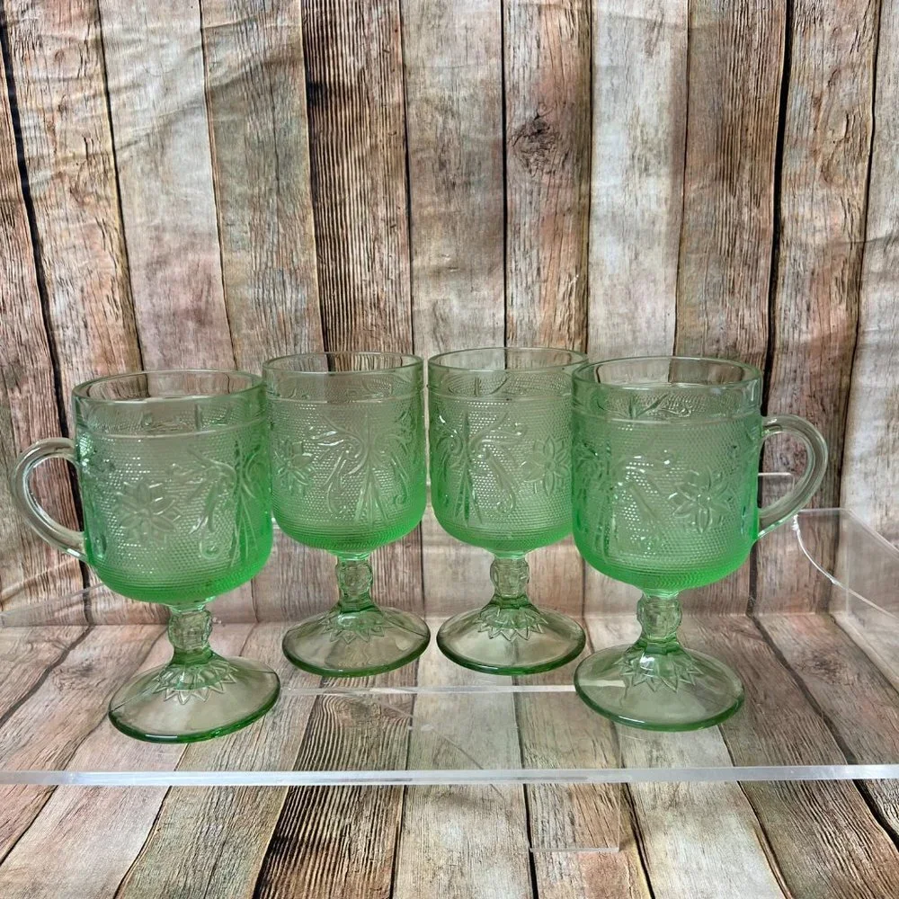 Vintage Indiana Glass Pedestal Glasses with Handles, Chantilly, Sandwich Glasses